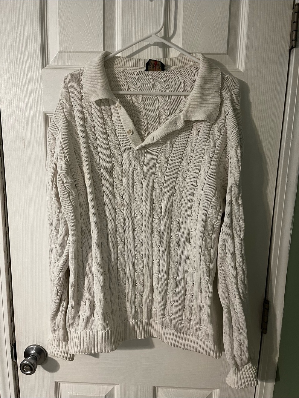 Men's White Cable-Knit Polo Sweater